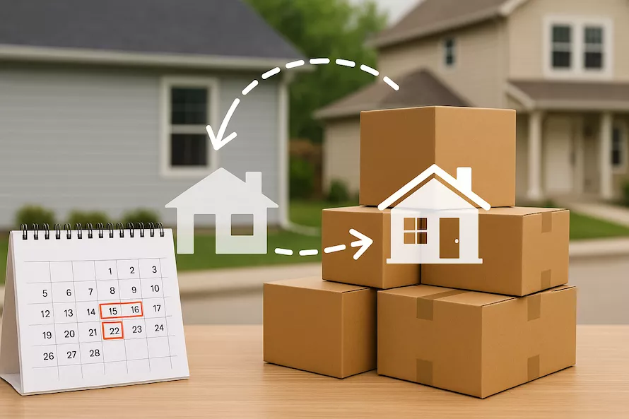 “Kalender med markerade datum, flyttlådor och två bostäder i bakgrunden – symboliserar flytt i etapper med planering av överlapp mellan gamla och nya hem”